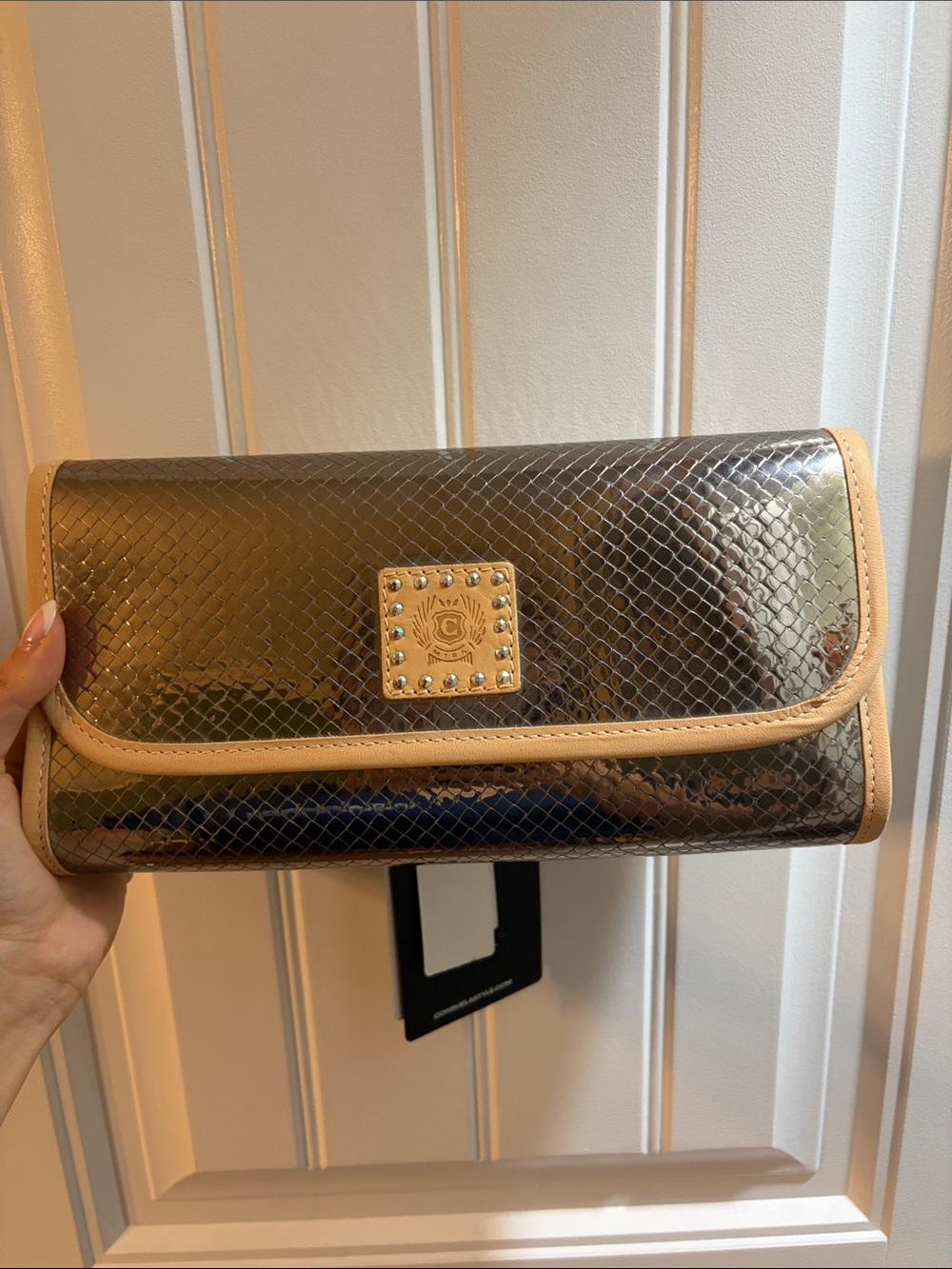 Consuela Metallic Bronze Snake-Print Clutch with Tan Trim